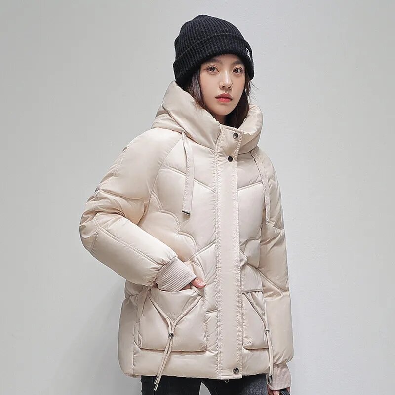 Jaket Hoodie pendek Korea wanita, jaket Luaran katun longgar dipertebal hangat berkerudung mode baru musim dingin
