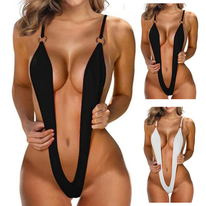 Beach Holiday Women Bodysuit Thong Slight Strech Solid Color Summer Swimsuit Swimwear V-string Bikini Clubwear