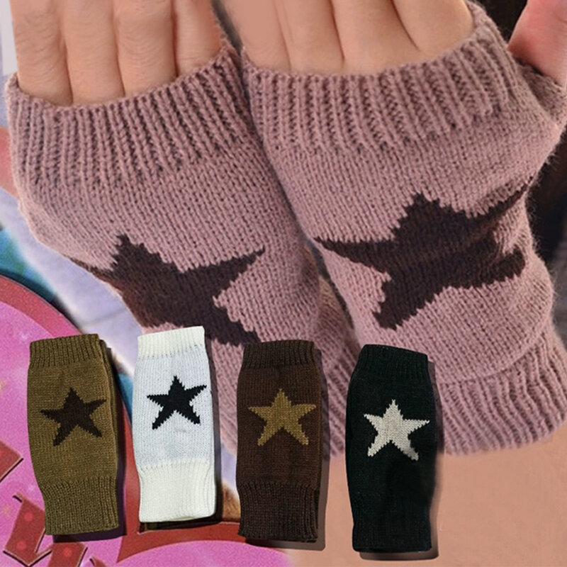 Punk Y2K Star Knitted Woolen Gloves Fashion Men Women Pentagram Half Finger Warm Soft Mitten Five Pointed Star Fingerless Gloves
