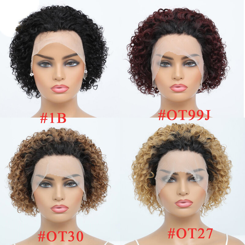 Perruque Lace Front Wig sans colle brésilienne Remy, cheveux courts bouclés, coupe Pixie, bordeaux noir, densité 150%, pour femmes
