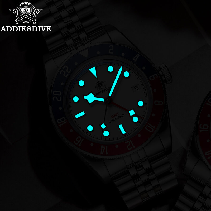 Мужские часы ADDIESDIVE, светящиеся кварцевые часы с датой и календарем GMT, деловые светящиеся наручные часы с платьем из нержавеющей стали, мужские часы