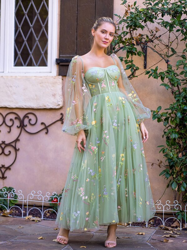 Vestido de baile bordado querido para mulheres, comprimento de chá em linha longa, tule verde, mangas folheadas, espartilho floral, vestidos de noite formais