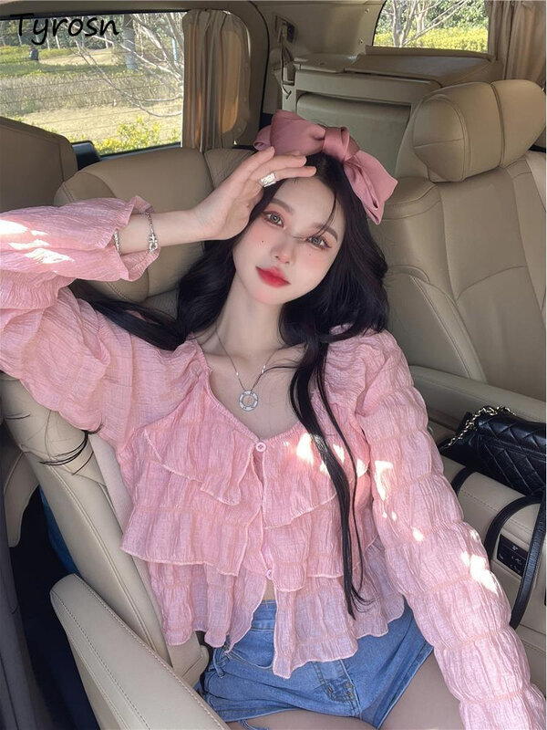 Long Sleeve Shirts Women Sweet Single-breasted Solid Breathable Sweet Korean Loose Tierred Ruffles Chiffon Tops Sun-protected