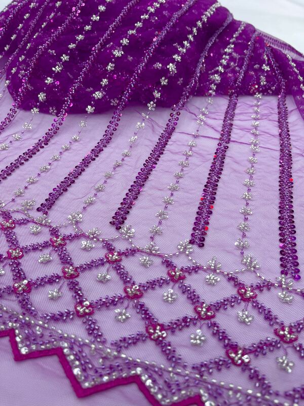 Kain renda jala manik-manik mewah Afrika 2024 kain renda payet Tulle buatan tangan berat Prancis bahan gaun pesta wanita