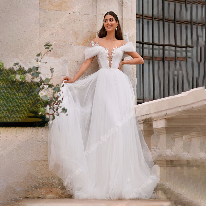 Gaun pengantin wanita Tulle cantik elegan gaun pengantin A-Line panjang mengepel kain Cerah romantis gaun pengantin wanita