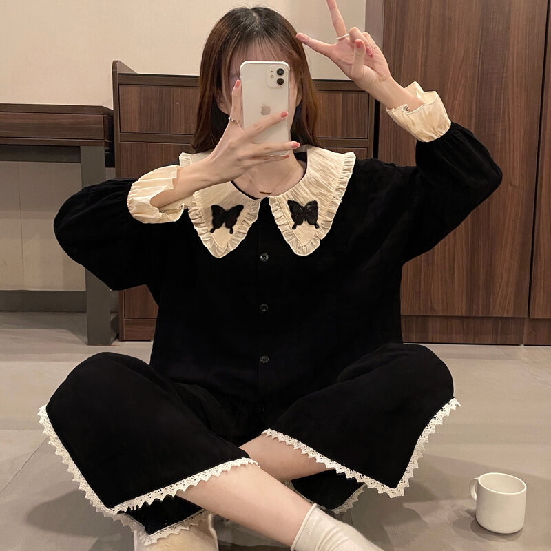 Simple Butterfly Long Sleeve Pajamas Women's Casual Spring Autumn 2023 New Fashion Black Loose Homewear Pants Set aesthetic chic