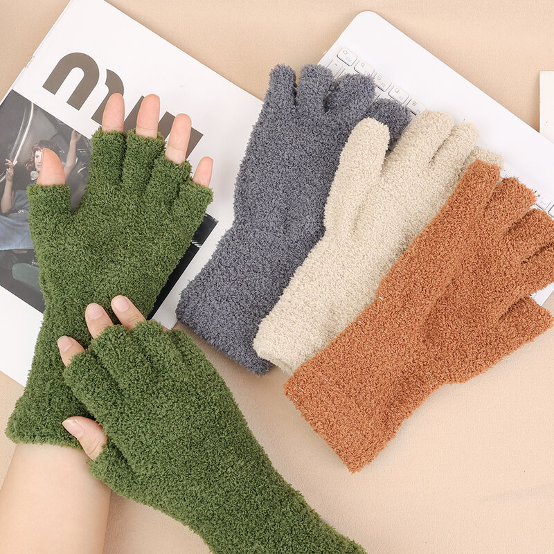 New Coral Fleece Knitted Woolen Gloves Fashion Men Women Pentagram Half Finger Warm Soft Mitten Solid Color Fingerless Gloves