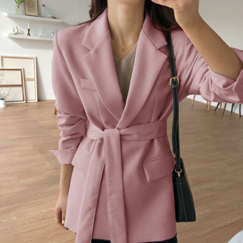 2023 New Spring Autumn Leisure Suit Mid Length Women Splicing Belt Design A Small Non-ironing Temperament Small Suit Long Sleeve