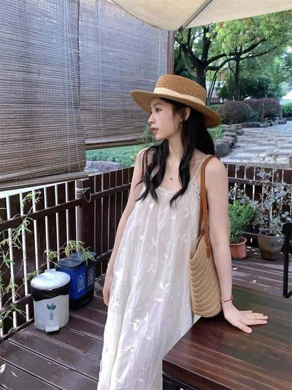 Korea Summer Dress Embroidery Tweed Sleeveless Straight Loose Maxi Dresses Korean Sweet Chic Design Vestidos