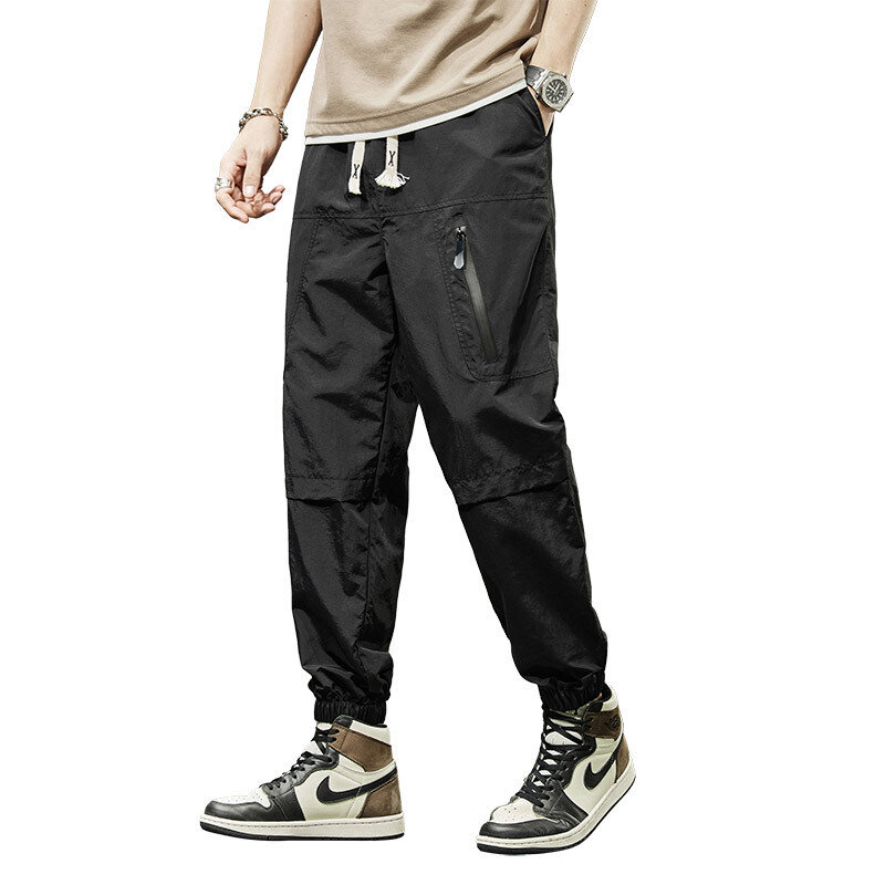 Штаны для бега мужские с эластичной талией, брюки-карго на молнии, брюки до щиколотки, мужские спортивные брюки, Комбинированные брюки