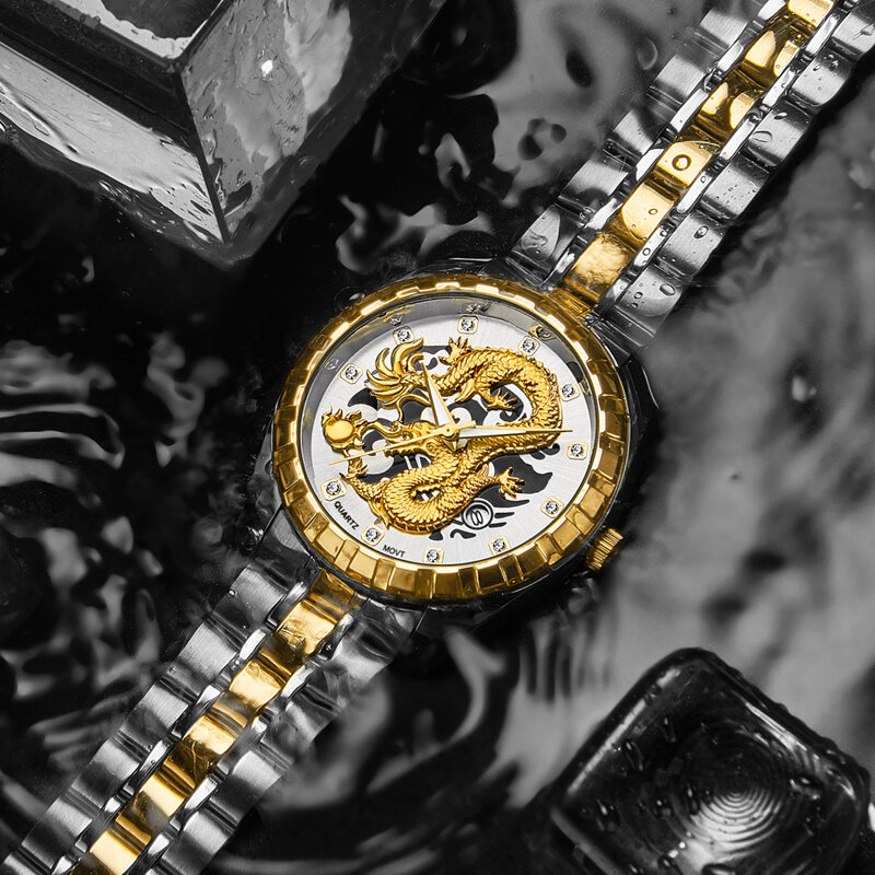 WLISTH jam tangan pria merek terkenal timbul berongga naga jam tangan pria penuh baja tahan karat emas kuarsa jam laki-laki Erkek Kol