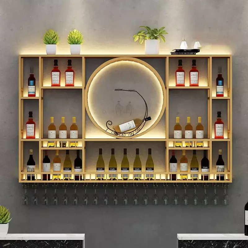 Rak Wine dapur Modern mewah, rak Display anggur emas, tampilan dinding