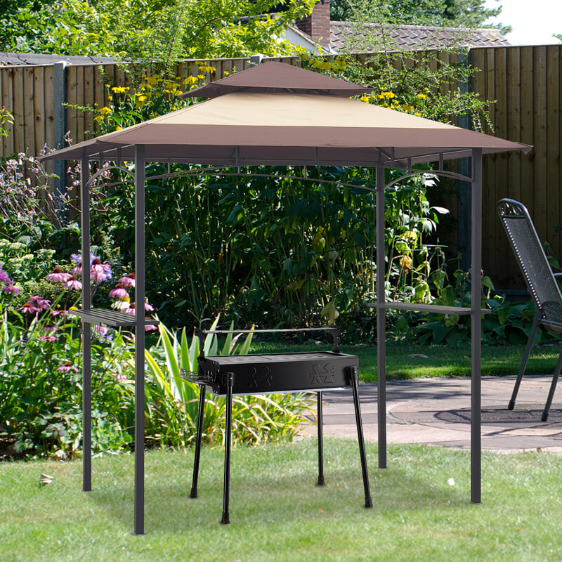 Outdoor Grill Gazebo 8 x 5 Ft Shelter Tent Double Tier Soft Top Canopy and Steel Frame with hook and Bar Counters[US-Stock]