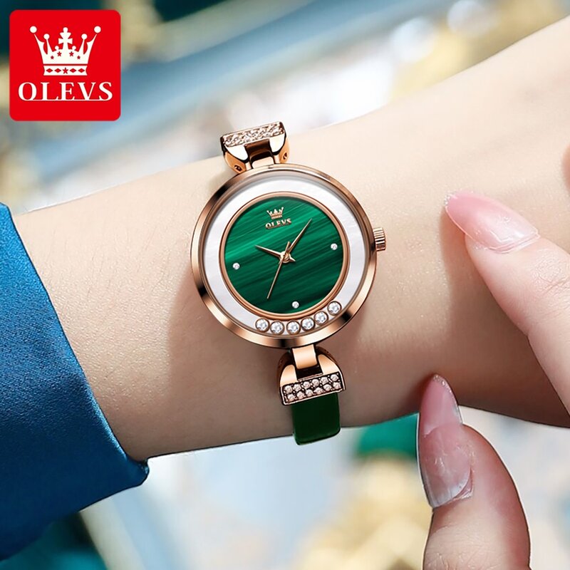 OLEVS-ساعة يد كوارتز نسائية مقاومة للماء ، ساعة جلدية خضراء أنيقة ، فستان بسيط ، علامة تجارية كبرى ، أزياء غير رسمية