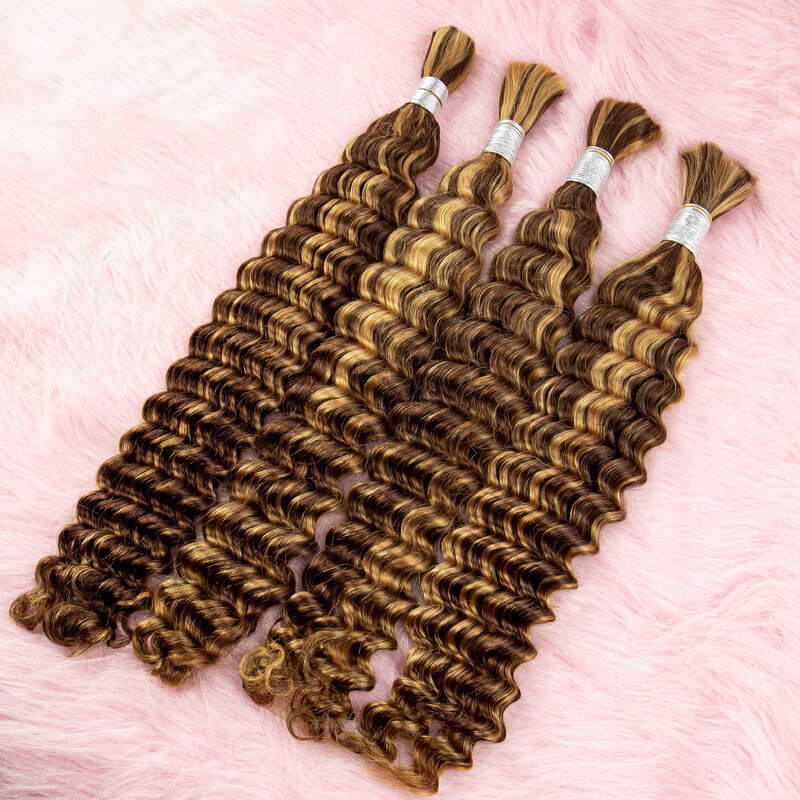 Deep Wave Human Hair Bulk for Braiding Brazilian Human Hair Bulk No Weft HighLight Brown 16-28 Inch Extension Crochet Braids