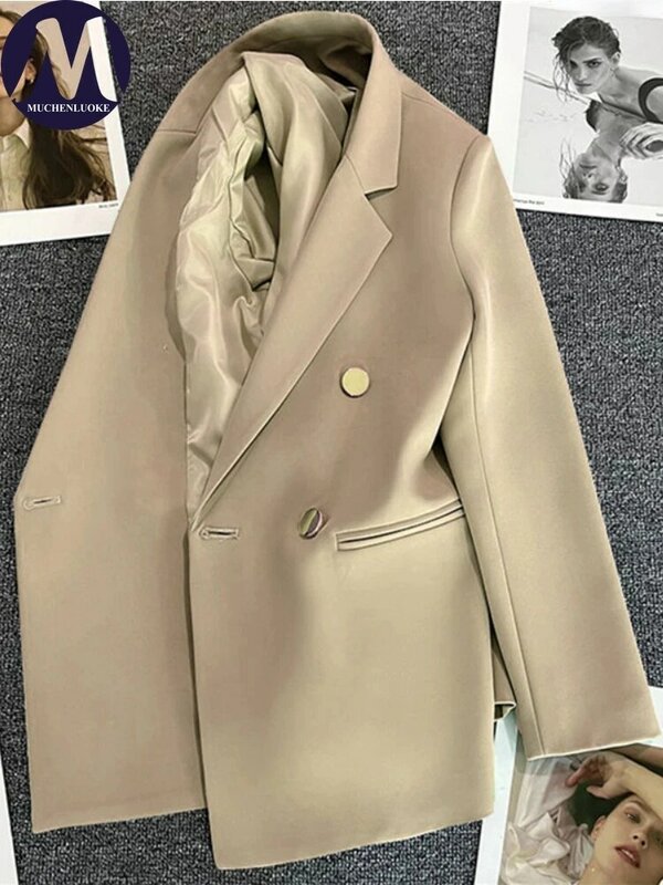 Mantel wanita lengan panjang, pakaian wanita longgar mewah Mode Korea blazer lengan panjang polos santai elegan Musim Semi dan Gugur 2024