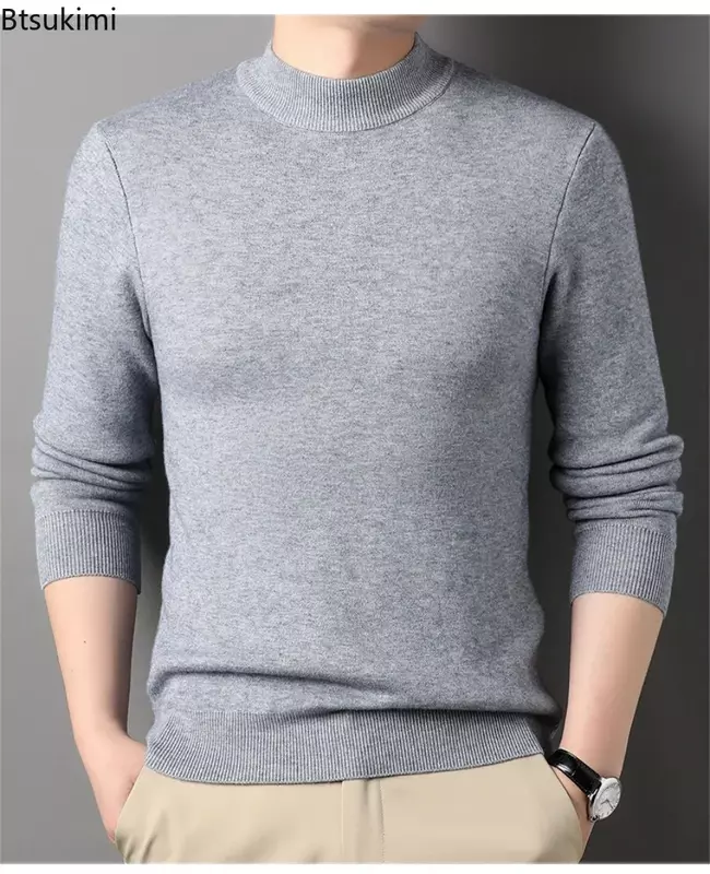 New 2024 Men's Warm Imitation Wool Knitted Sweaters Half High Neck Solid Sweater Pullovers Male Knitwear Fashion Casual Sweater