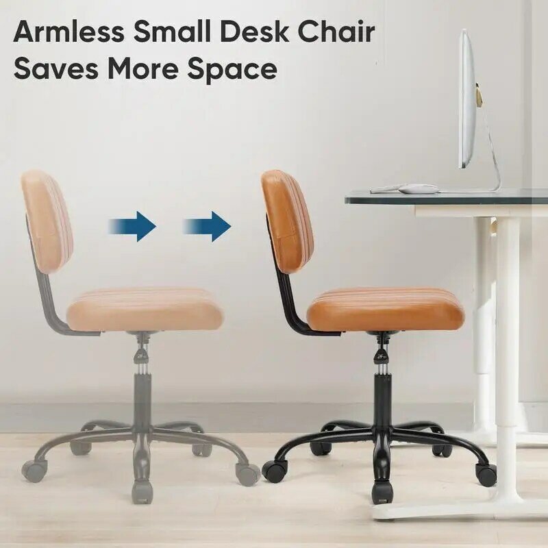 Kursi meja kecil tanpa lengan, kursi kantor rumah dengan roda, kulit PU, kursi tugas belakang rendah dengan penopang pinggang, tinggi dapat diatur