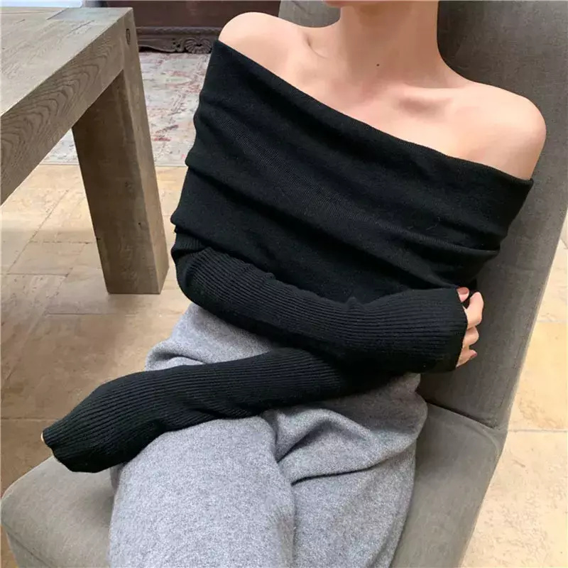 Off Shoulder Sweater wanita, elegan kerah Slash elastis lengan panjang Pullover Solid cocok pakaian luar Korea Chic