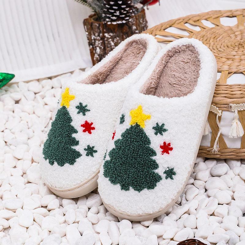 Chinelos macios do algodão do Natal do luxuoso para mulheres, interior e exterior, Inverno, Sapatos de quarto, Divertimento