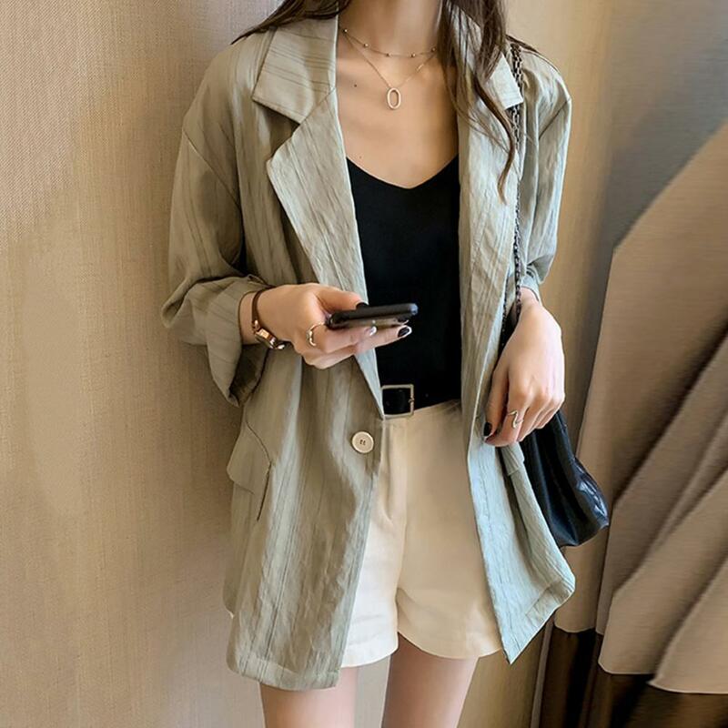 Striped Lapel Suit Coat Women Suit Coat Chic Lapel Women's Long Sleeve Suit Coat Flap Pockets Single Button Loose Fit Blazers