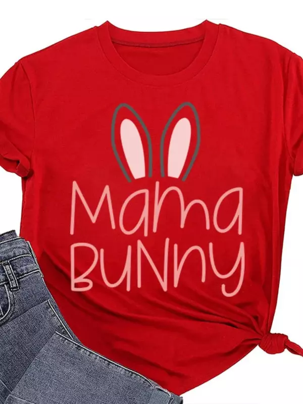 Camisetas de algodón puro para mujer, ropa de calle con estampado de Orejas de conejo de mamá, Camiseta holgada de manga corta con cuello redondo, camisetas para mujer
