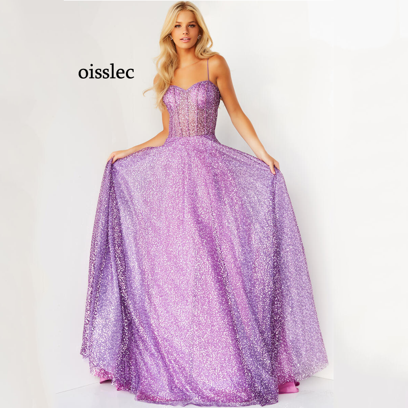 Oisslec Evening Dress Sequins Prom Dress Backless Fromal Dress A Line Celebrity Dresses Floor Length Party Gown Tulle Customize