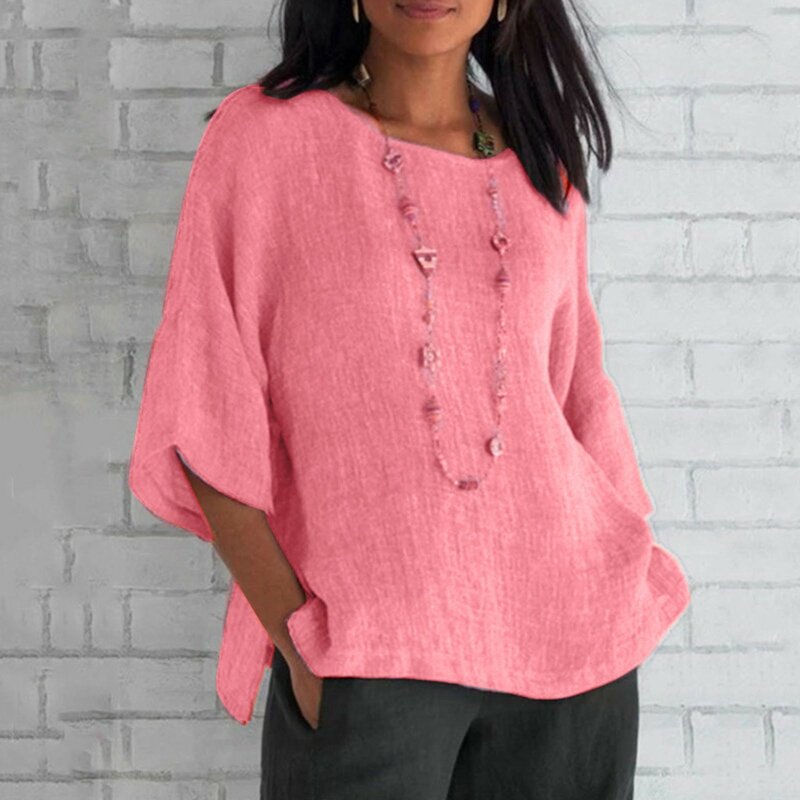 Blusa holgada informal de algodón y lino para mujer, camisa con cuello redondo de manga 3 de 4, Color sólido, moda de verano