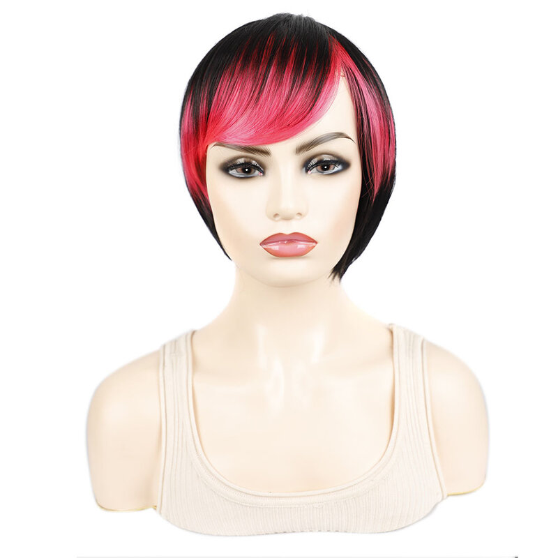 Pelucas cortas y rectas de colores con flequillo oblicuo, peluca sintética para mujer, Cosplay