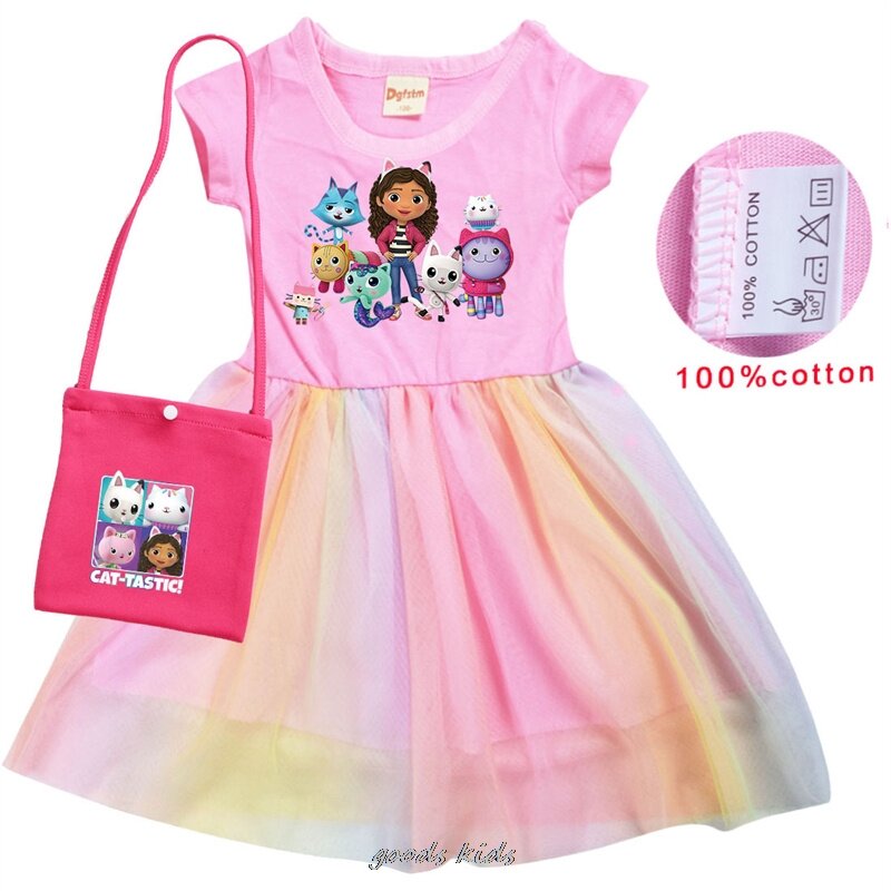 Infantil Gabby's Dollhouse vestido de princesa, roupa casual infantil, manga curta, casamento, festa de aniversário, verão