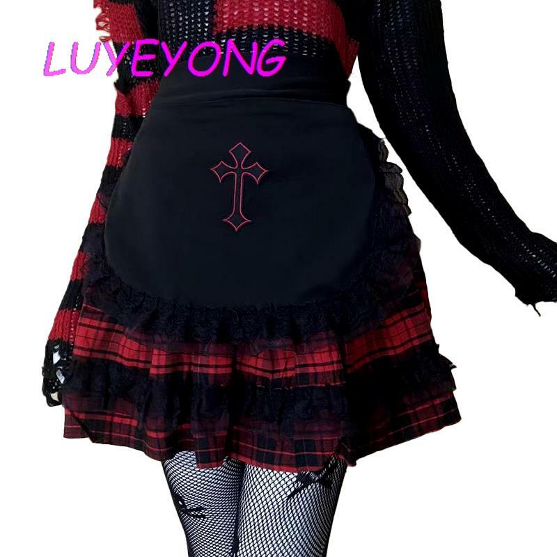 เกาหลี Lolita ผ้ากันเปื้อน Y2k สไตล์สาวคอสเพลย์ Cross Goth Sweet Lace-Up ผ้ากันเปื้อนสีดำสีขาวหญิงเซ็กซี่ลูกไม้ Patch top
