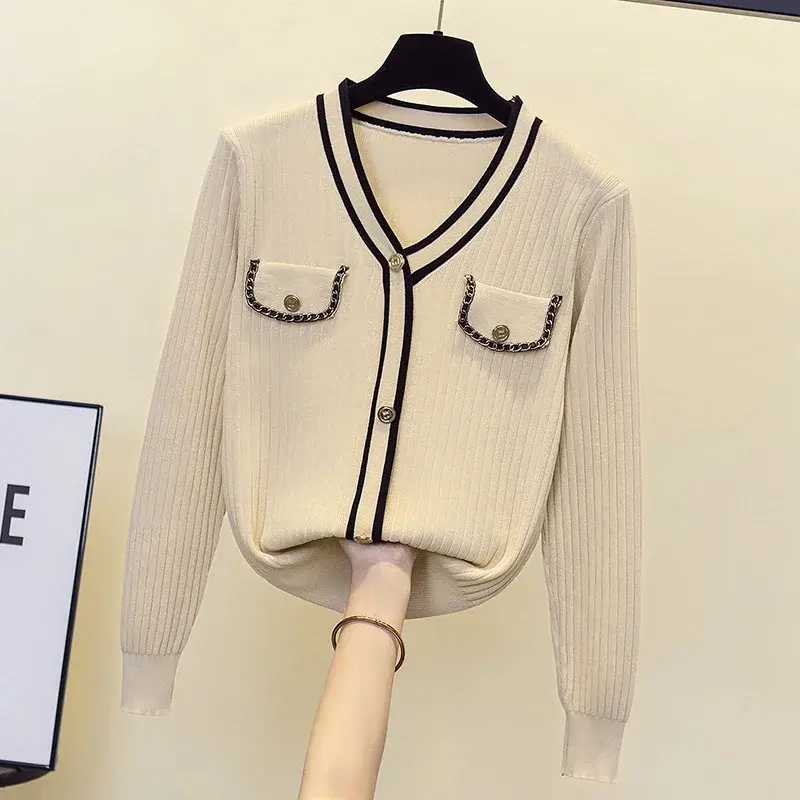 Übergroßer einfacher dicker Pullover für Frauen Langarm-V-Ausschnitt Knopfst reifen Strick pullover Herbst Winter pullover Top v1657