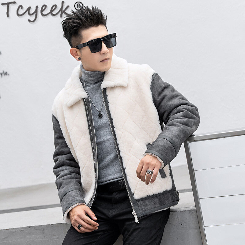 Tcyek 남성용 진짜 가죽 재킷, 따뜻한 천연 모피 코트, 짧은 진짜 모피 재킷, 남성 의류, 양가죽 100%, 럭셔리 겨울 패션