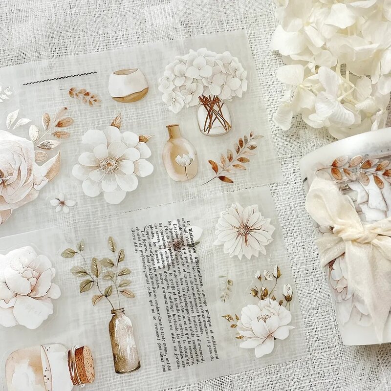 Creawithgaby Studio Vintage White Blooms Washi PET Tape Planner DIY Card Making Scrapbooking Plan Decorative Sticker