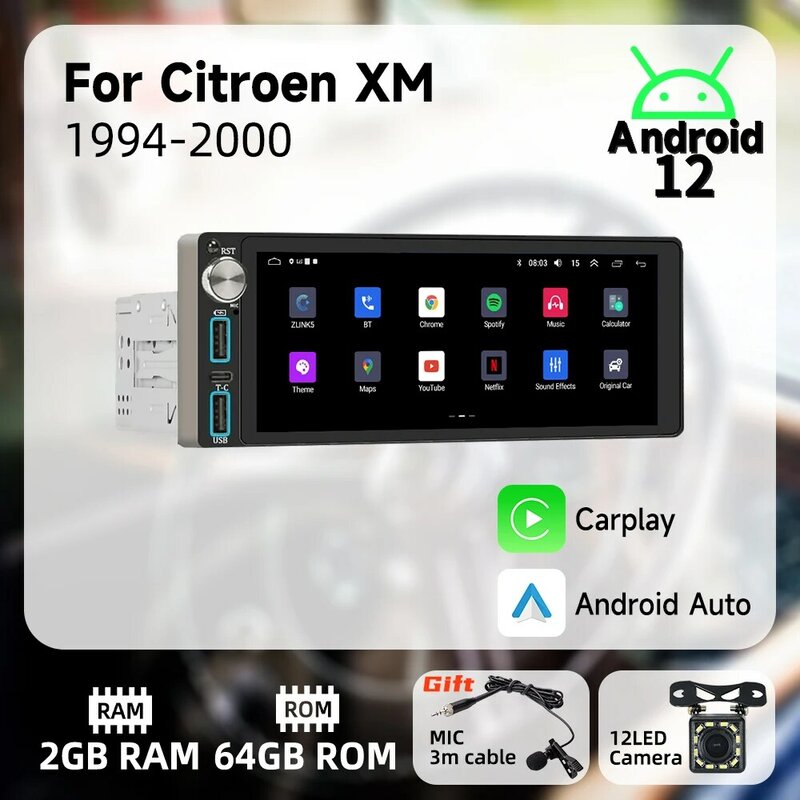 Radio Multimedia con GPS para coche, reproductor con Android, Carplay, 1 Din, pantalla de 1994 pulgadas, estéreo, unidad principal, WIFI, para Citroen XM 2000-6,86