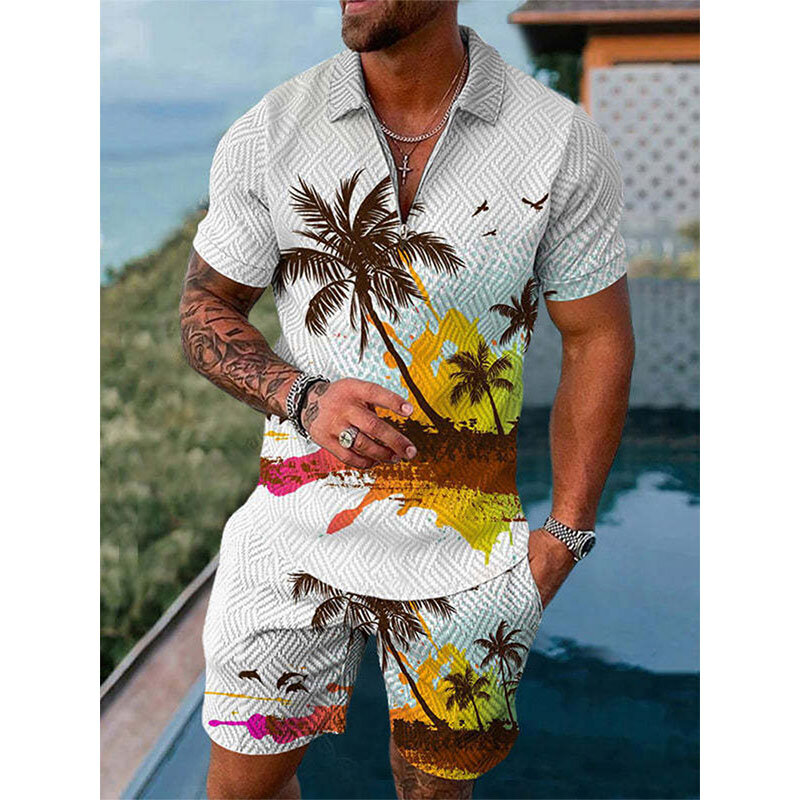 هاواي رياضية ثلاثية الأبعاد طباعة شاطئ قمصان البولو السراويل مجموعات 2 قطع رجل المتضخم قصيرة الأكمام قميص السراويل مجموعة الدعاوى الرجال الملابس