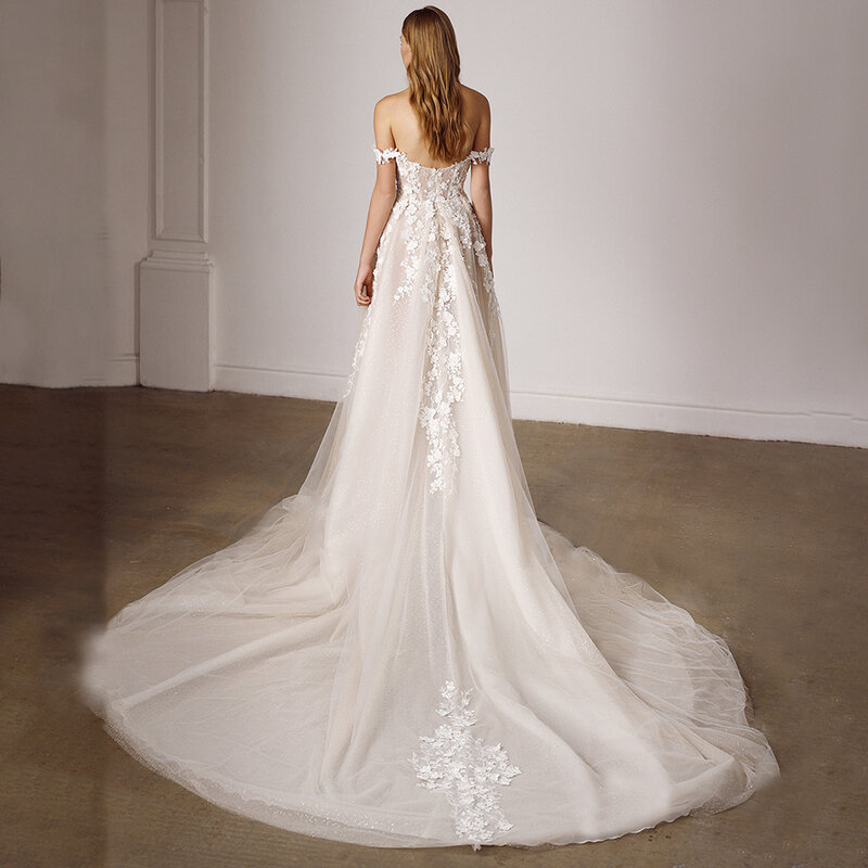 Luxo Shimmer Tulle fora do vestido de casamento do ombro com flores 3D bordadas, Querida Puffy Lace Up vestidos de noiva, Custom Made