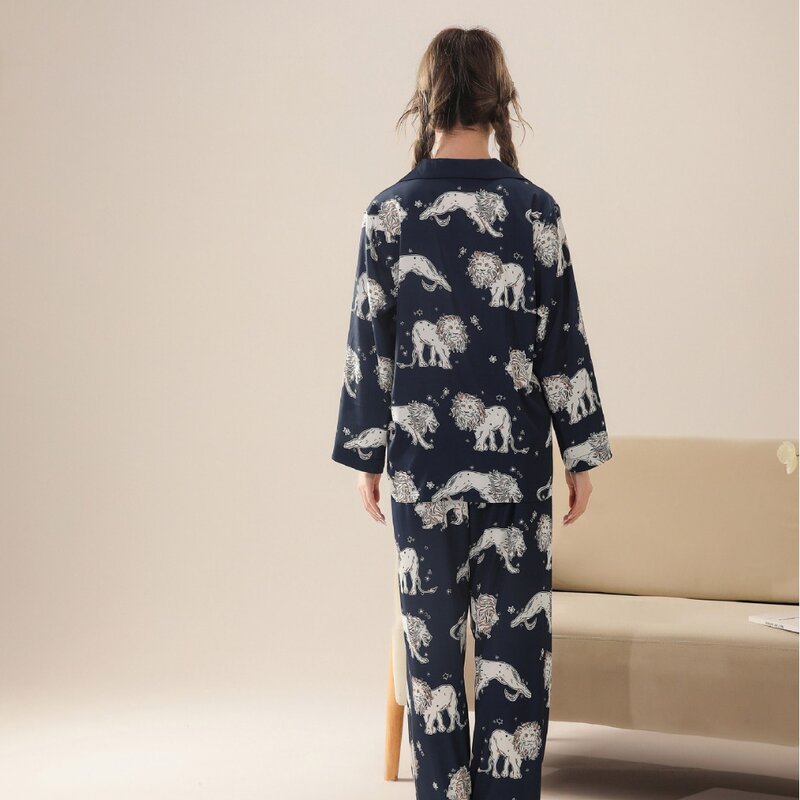 Conjunto de pijamas manga longa seda gelo feminino, roupa para casa fina, pijamas, primavera