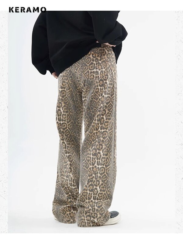 Jeans vintage com estampa leopardo para mulheres, calça casual de pernas largas, pantera de cintura alta, moda primavera, tamanho grande