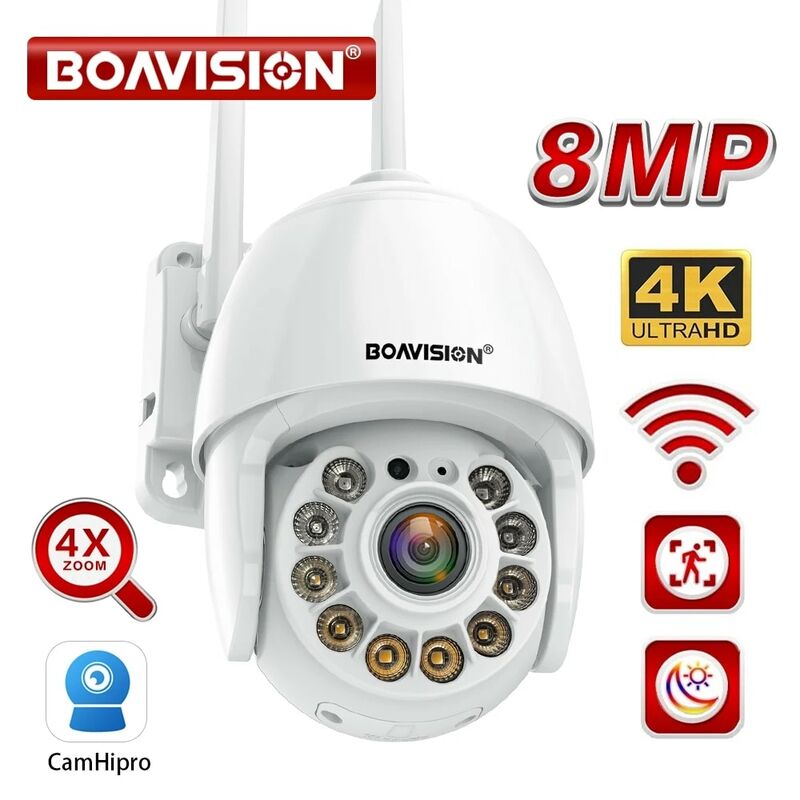Câmera de Vigilância de Segurança IP Mini Outdoor, Detecção Humana AI, Visão Noturna Colorida, Zoom Digital 4X, PTZ, WiFi, 8MP, 5MP, 2MP