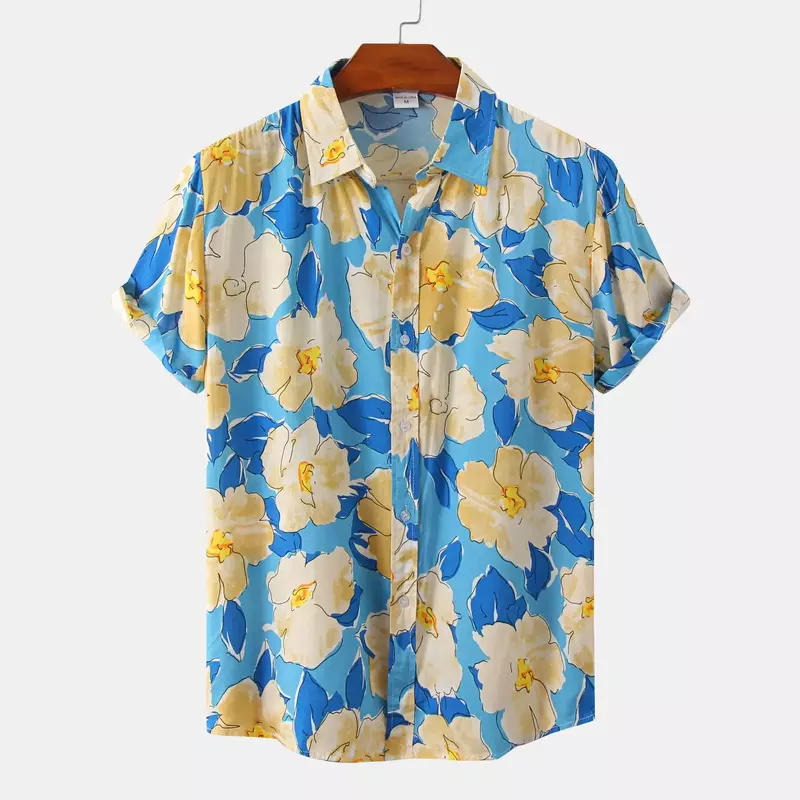 Pria Musim Panas Hawaii kasual modis gaya pantai sosial lengan pendek bunga besar cetak longgar Vintage resor Cina