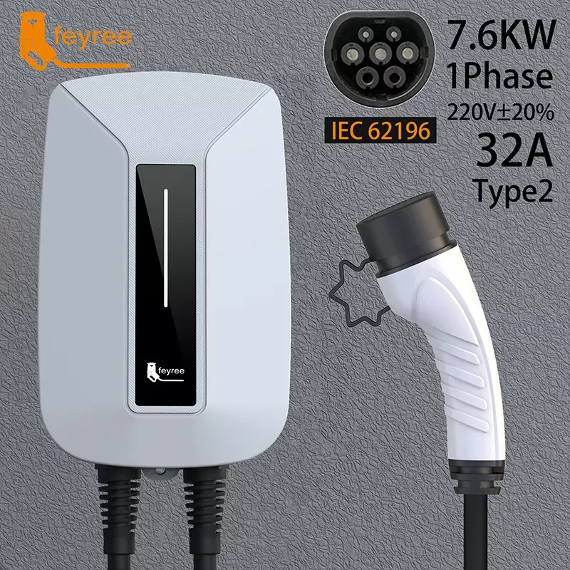 Feyree-estación de carga para vehículos eléctricos, cargador EV tipo 2, 32A, 7KW, enchufe de IEC62196-2 de 1 fase, Cable de 5m