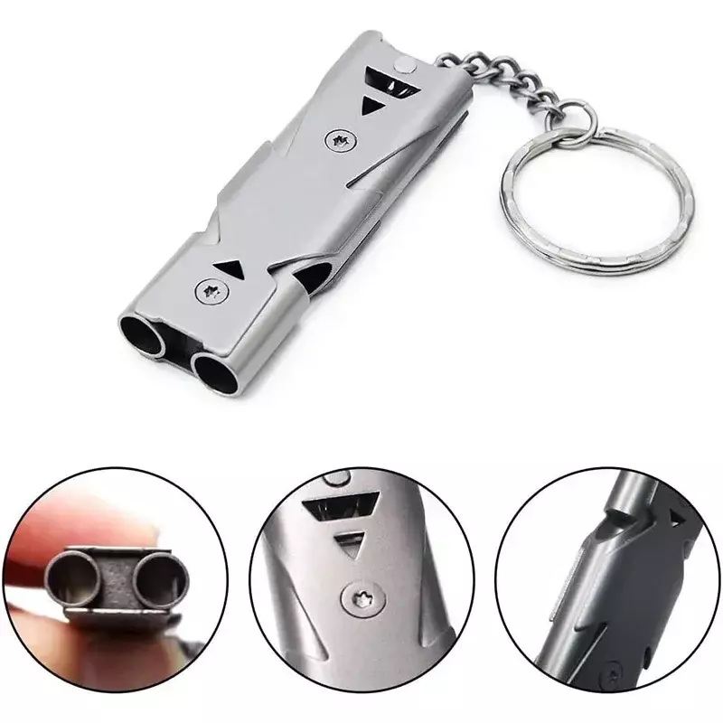 Sports Emergency Survival Whistle Double Tubes Safety Stainless Steel Whistles w/ Keychain for Outdoor Boating Camping Hunting