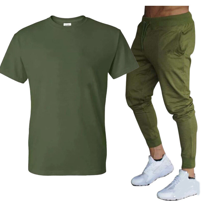 Camiseta masculina de manga curta gola redonda, conjunto de moda esportiva, cor sólida, venda direta, alta qualidade, verão