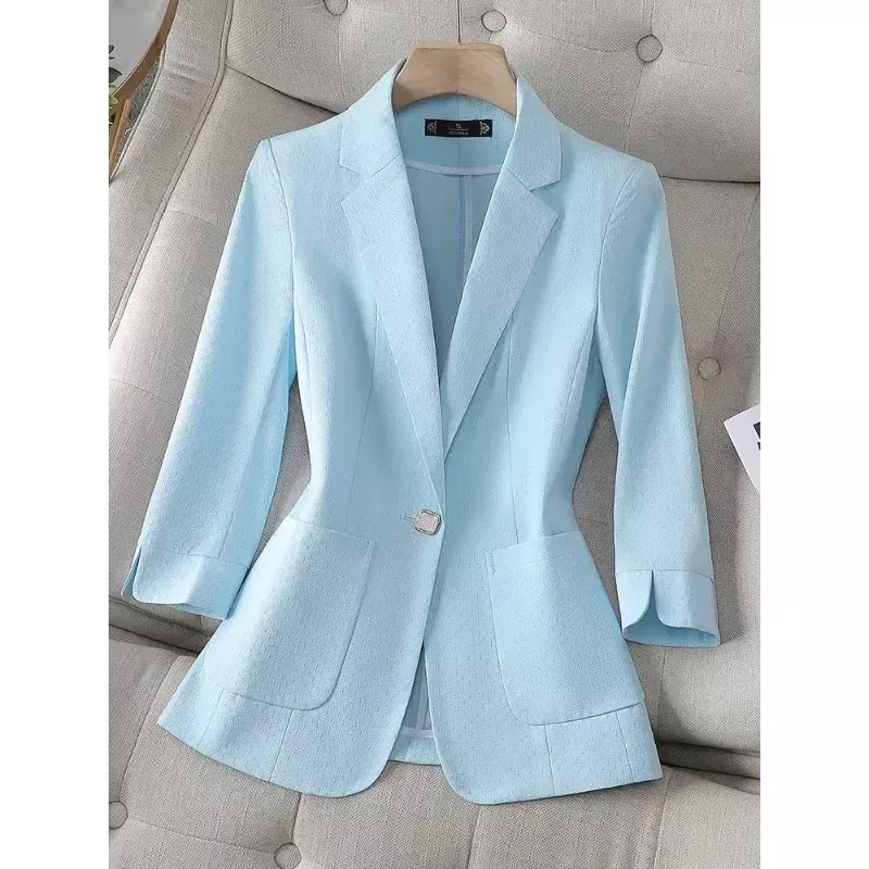 Blazer wanita, mantel kerja bisnis perempuan jaket ramping kancing tunggal, biru kuning, musim panas musim semi