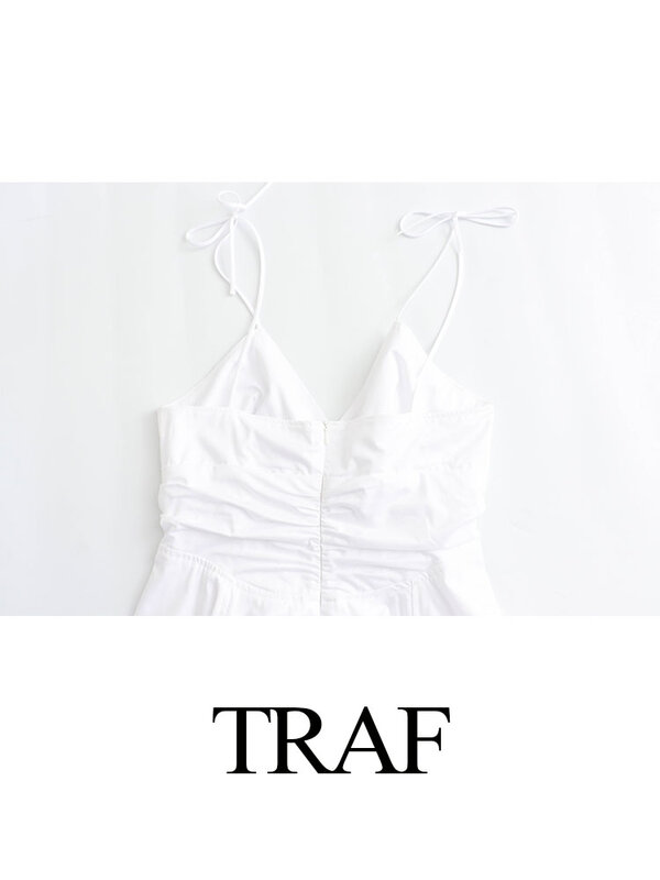 TRAF 여성용 비치 스타일 미니 원피스, 화이트 V넥 민소매 레이스업 할로우 아웃, 백리스 지퍼, 우아한 드레스, 여름 패션