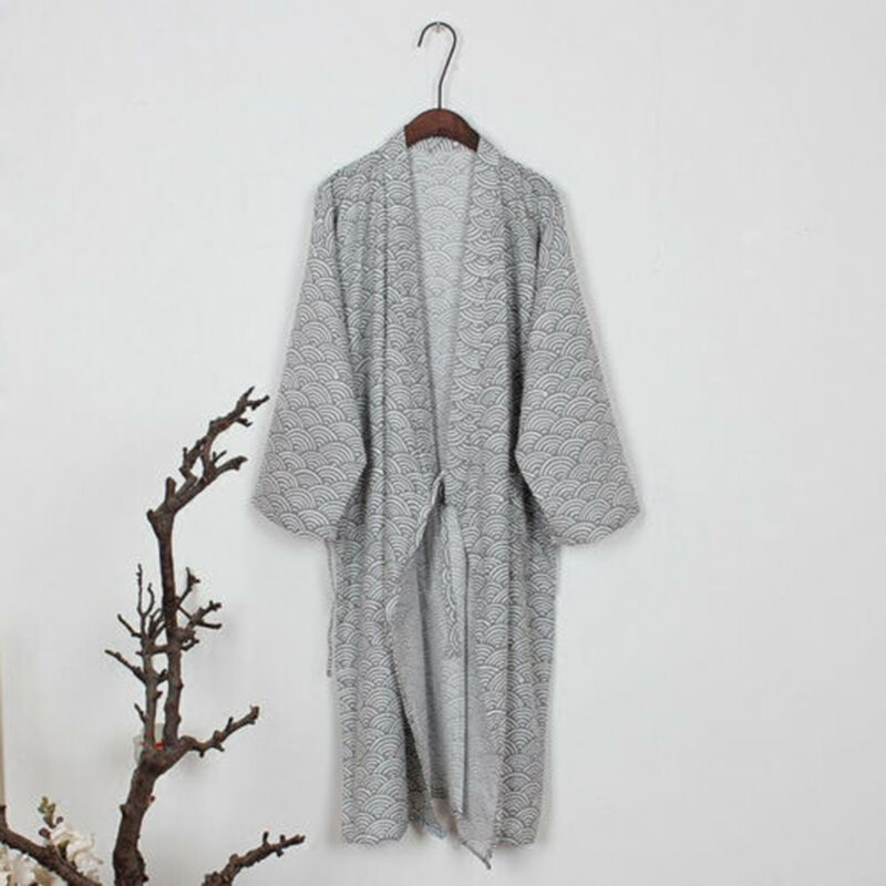 Japanse Stijl Klassieke Badjas Kimono Yukata Lange Mouw Golfprint Katoenen Comfortabele Nachtkleding Pyjama