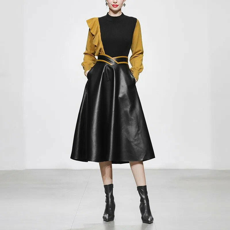 Suéter de lana con carácter para mujer, camisa de fondo, traje de falda de cuero negro, novedad de primavera y otoño, 2022