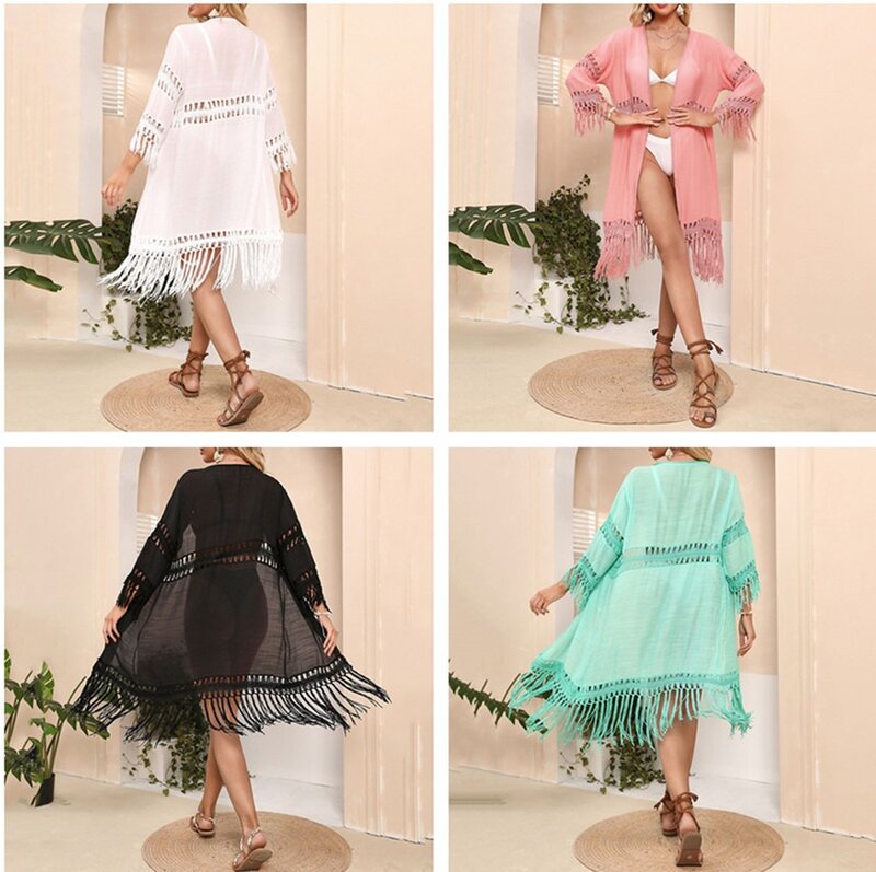 WeHello - Spring New Women's Bamboo Joint Hand Hook Tassel Beach Cover Up Sexy Cardigan Loose Bikini Cover Up