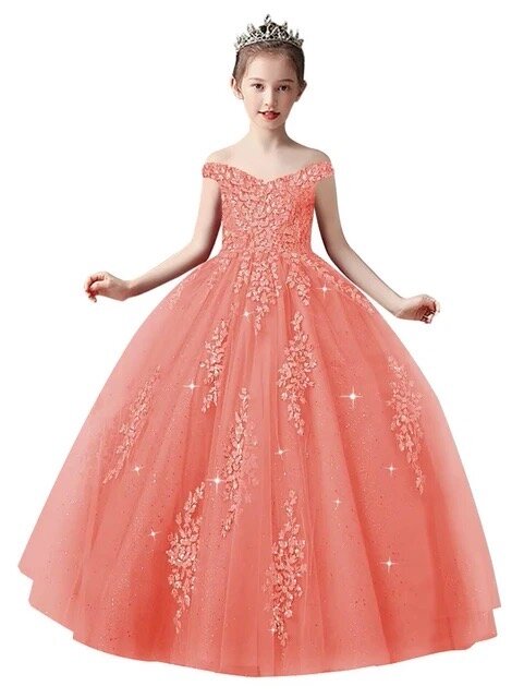 Vestido de baile princesa fora do ombro para meninas, aplique de renda laranja queimado, vestidos de florista para crianças, festa de aniversário, vestido de comunhão